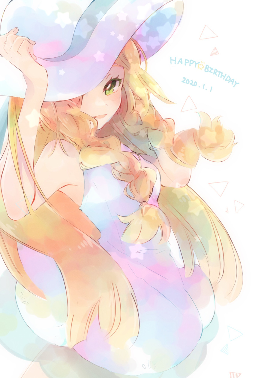 1girl blonde_hair braid commentary_request dated dress eyelashes green_eyes hand_up happy_birthday hat hat_ribbon highres lillie_(pokemon) long_hair looking_at_viewer misha_(ohds101) open_mouth pokemon pokemon_(game) pokemon_sm ribbon see-through sleeveless sleeveless_dress smile solo sun_hat sundress twin_braids white_dress white_headwear