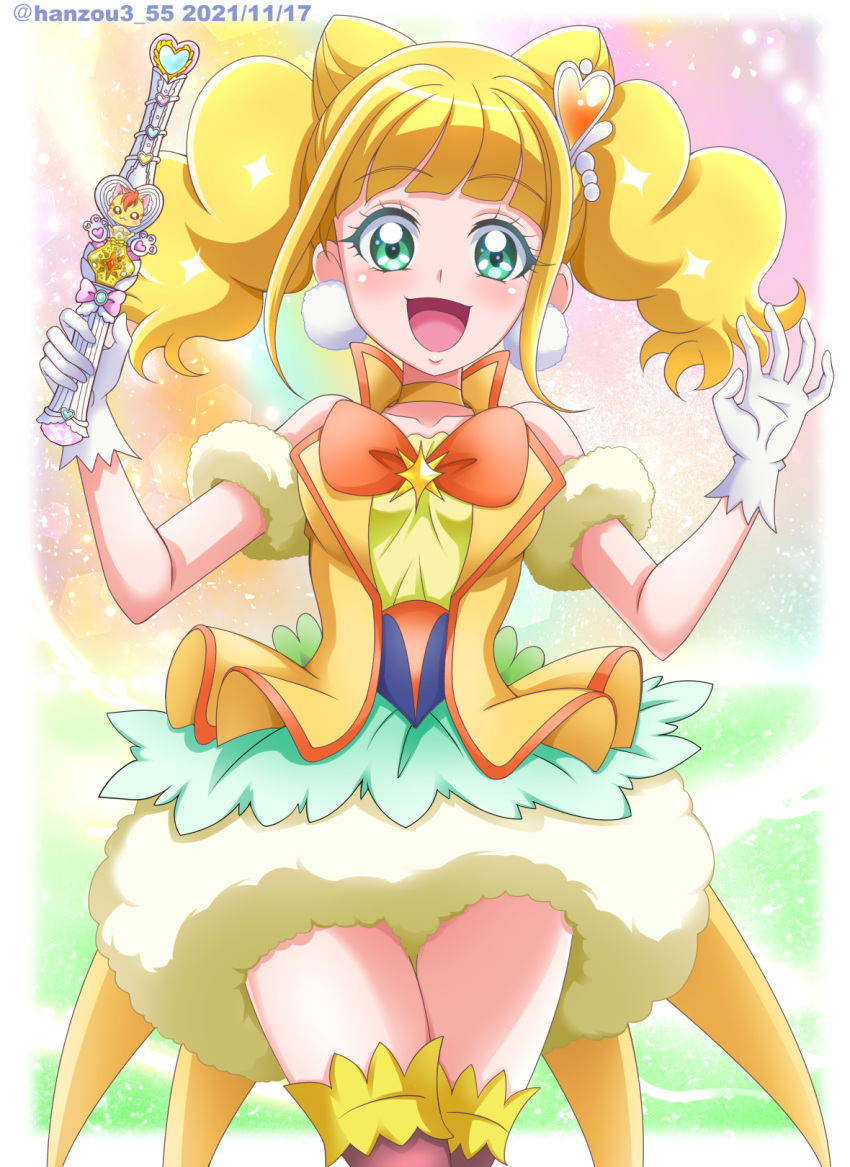 1girl :d arm_scrunchie bangs blonde_hair blunt_bangs bow bowtie choker collarbone cowboy_shot cure_sparkle earrings eyebrows_visible_through_hair gloves green_eyes hair_cones hanzou healin'_good_precure highres holding jewelry long_hair looking_at_viewer orange_bow orange_bowtie precure shiny shiny_hair smile solo standing twintails white_gloves yellow_choker