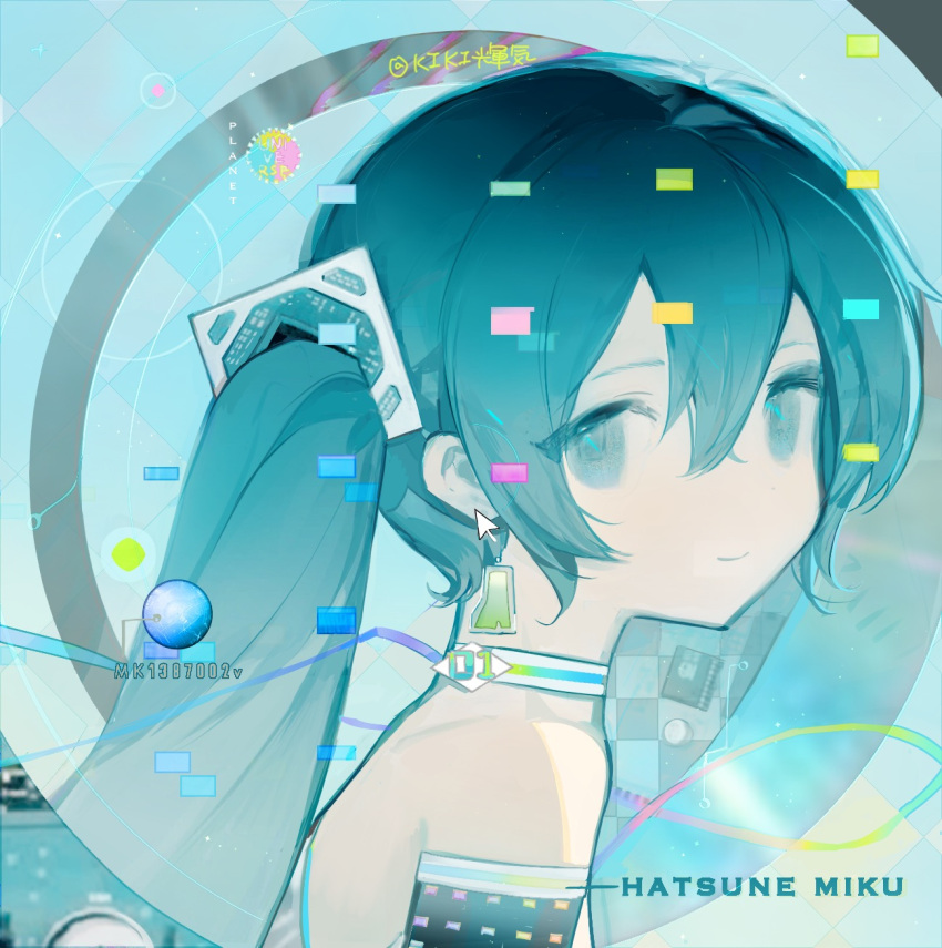 1girl argyle_background bare_shoulders blue_background blue_eyes blue_hair character_name checkers_piece chessboard choker closed_mouth commentary cursor earrings english_commentary from_side frutiger_aero gradient_hair hair_ornament halter_shirt halterneck hatsune_miku highres jewelry kikihuihui long_hair looking_at_viewer multicolored_hair multicolored_ribbon notebook ofuda_earrings planet rainbow_gradient ribbon shirt smile solo twintails twitter_username upper_body vocaloid weibo_watermark white_choker white_shirt