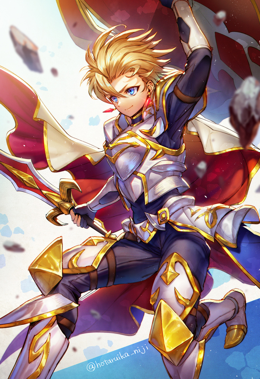 1boy armor blonde_hair blue_eyes boots breastplate cape commentary_request earrings faulds glint highres holding holding_sword holding_weapon hotaruika_niji jewelry male_focus megido72 pants rock sabnock_(megido72) shirt short_hair simple_background smile solo sword weapon wind wind_lift
