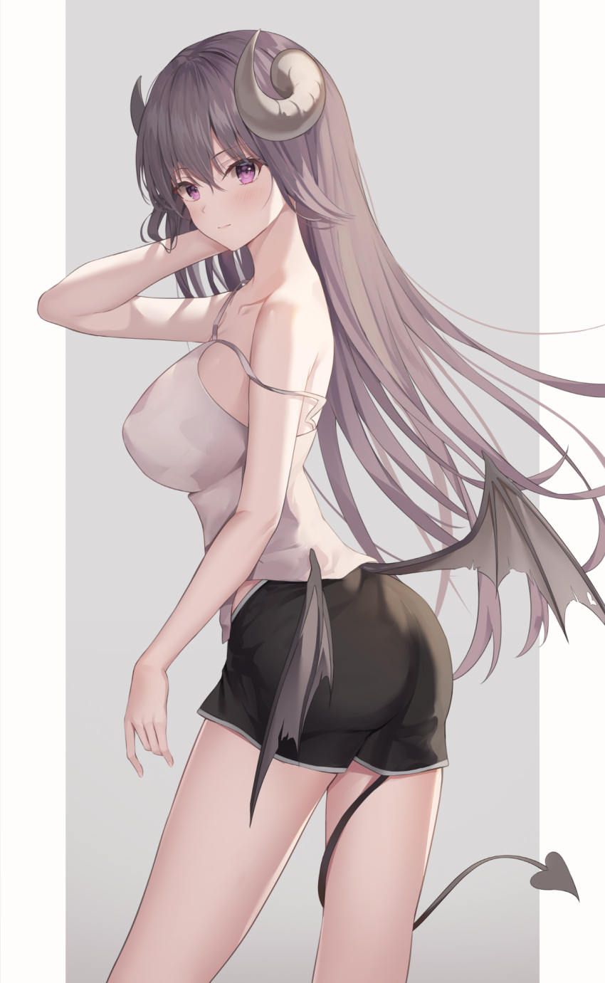 1girl arm_up ass bare_arms bare_shoulders black_shorts breasts camisole closed_mouth commentary curled_horns demon_girl demon_horns demon_tail demon_wings from_side grey_hair highres horns large_breasts long_hair looking_at_viewer looking_to_the_side low_wings original shirt short_shorts shorts shuvi_(shuvi1125) sleeveless sleeveless_shirt solo spaghetti_strap strap_slip tail tail_around_leg thighs violet_eyes white_shirt wings