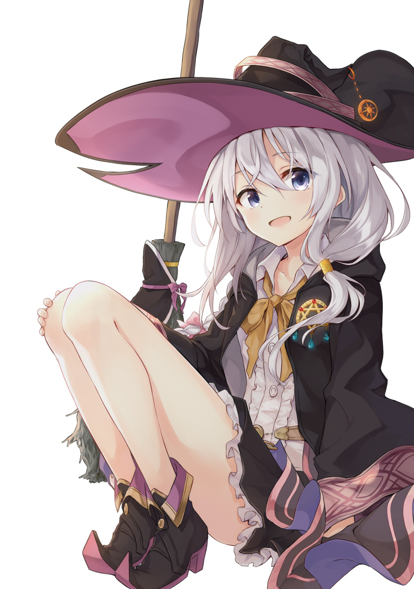 1girl absurdres azuuru bare_legs black_headwear black_skirt blue_eyes blush broom cloak elaina_(majo_no_tabitabi) eyebrows_visible_through_hair fantasy full_body hand_on_own_knee hat highres legs long_hair long_sleeves looking_at_viewer majo_no_tabitabi messy_hair miniskirt no_socks novel_illustration official_art open_mouth petticoat pointy_footwear shirt shoes silver_hair simple_background sitting skirt smile solo white_background white_shirt witch witch_hat