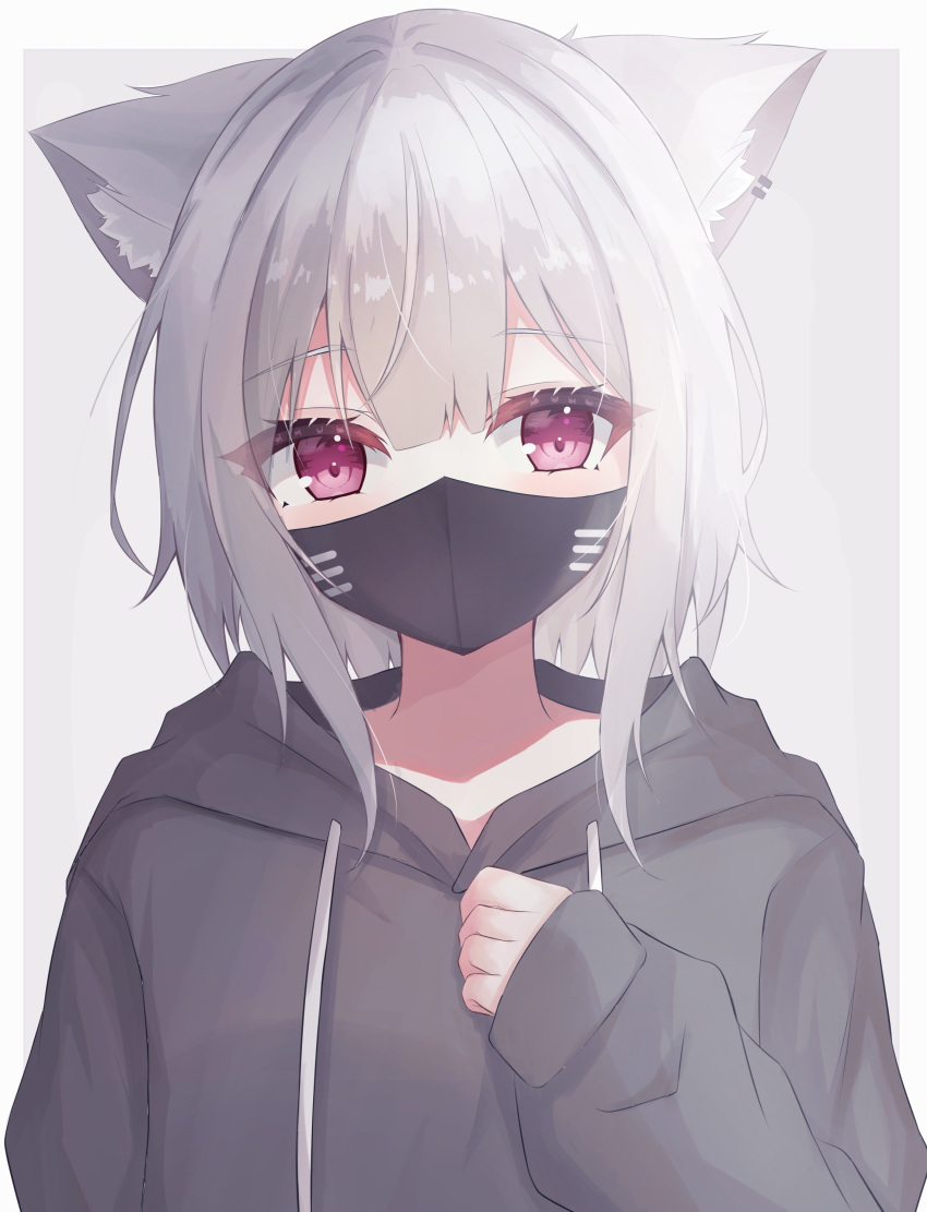 1girl absurdres animal_ear_fluff animal_ears bangs black_hoodie blush cat_ears commentary_request drawstring eyebrows_visible_through_hair grey_background grey_hair hair_between_eyes hand_up highres hood hood_down hoodie long_sleeves looking_at_viewer mask mouth_mask multicolored_hair original puffy_long_sleeves puffy_sleeves red_eyes romaji_commentary sirotuki_ito sleeves_past_wrists solo two-tone_hair upper_body