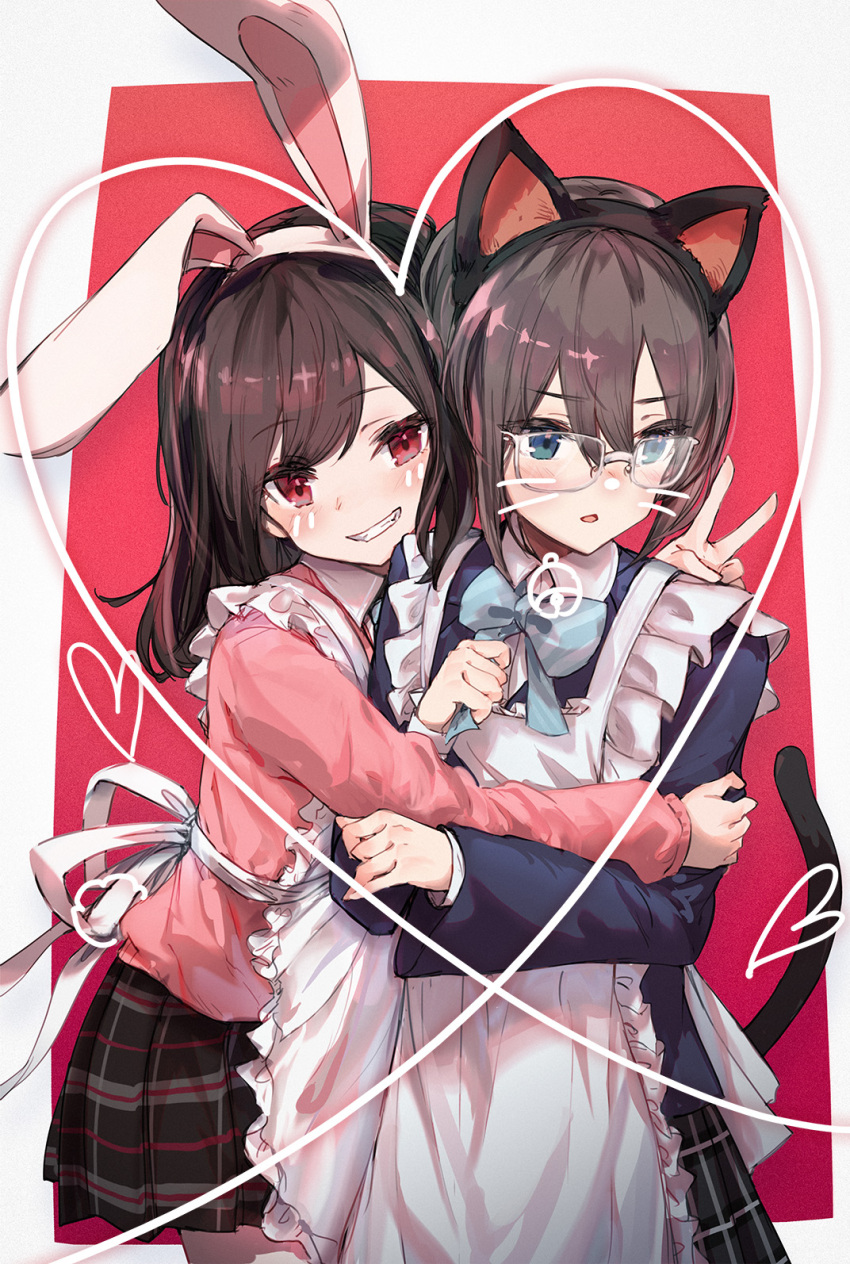2girls animal_ears apron bangs black_hair black_hairband black_jacket black_skirt blue_bow blue_eyes blush bow cardigan cat_ears cat_tail collared_shirt commentary_request drawn_whiskers dress_shirt eyebrows_visible_through_hair fake_animal_ears frilled_apron frills glasses grey_background grin hair_between_eyes hairband heart highres hug hug_from_behind jacket maid_apron makihitsuji multiple_girls original parted_lips pink_cardigan plaid plaid_skirt pleated_skirt rabbit_ears red_background red_eyes school_uniform shirt skirt smile tail two-tone_background v white_apron white_shirt