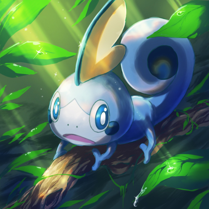 blue_eyes branch foliage full_body highres leaf looking_at_viewer no_humans open_mouth pokemon pokemon_(creature) rainforest root shaded_face sobble sparkle sunlight tosaka_rai water_drop