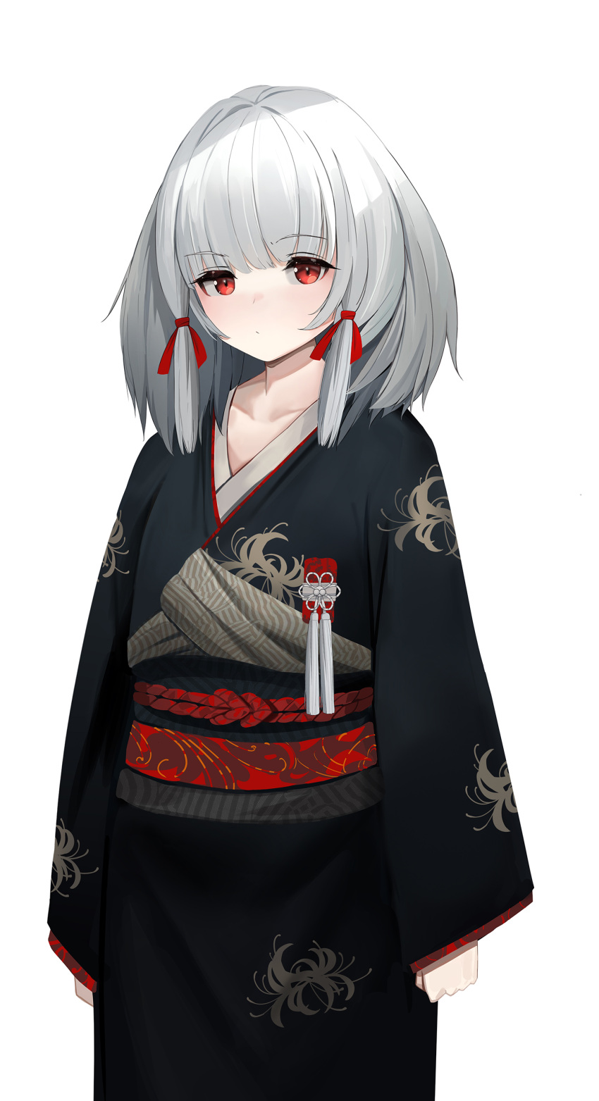 1girl absurdres bangs black_kimono closed_mouth collarbone commentary_request copyright_request eyebrows_visible_through_hair floral_print grey_hair hair_ribbon highres japanese_clothes kimono long_hair long_sleeves looking_at_viewer obi print_kimono red_eyes red_ribbon ribbon sash simple_background sleeves_past_wrists solo takanoriha_kasui white_background wide_sleeves