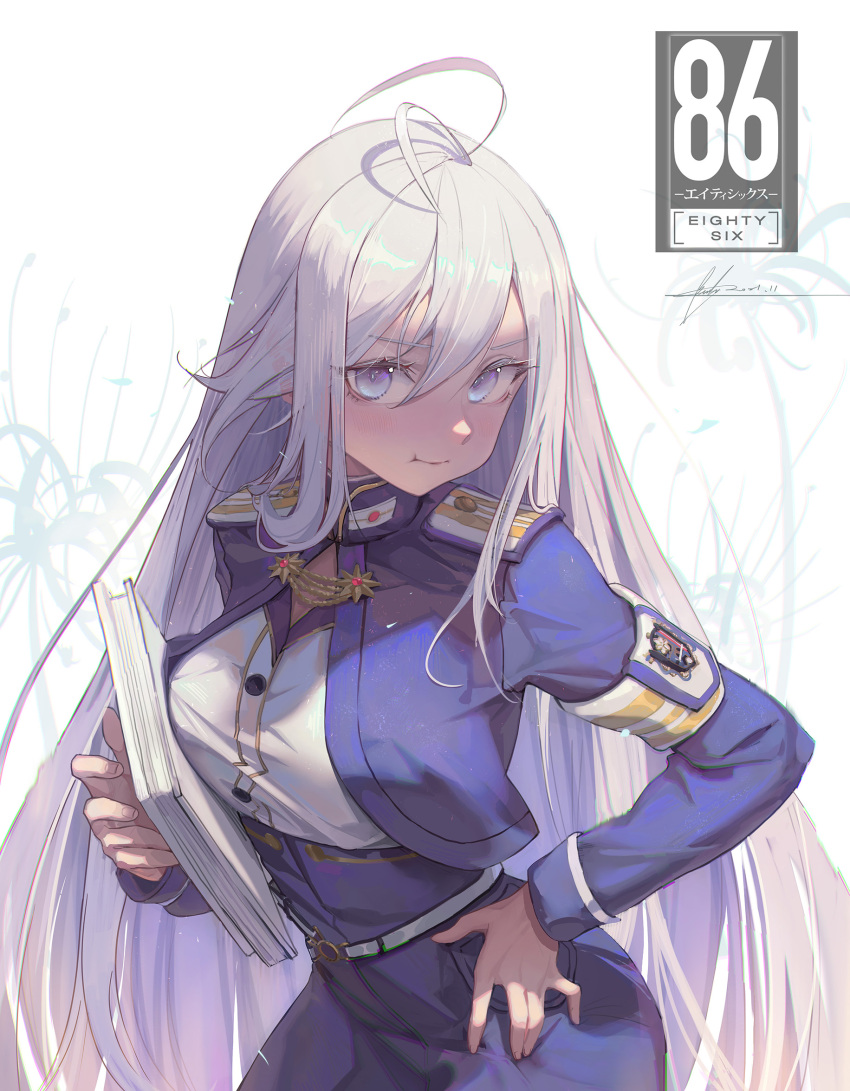 1girl 86_-eightysix- :t ahoge bingwei_huang book breasts closed_mouth copyright_name grey_eyes hair_between_eyes hand_on_hip highres long_hair long_sleeves medium_breasts pout shirt silver_hair simple_background solo uniform very_long_hair vladilena_millize white_background white_shirt