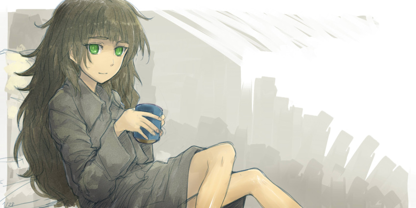 1girl bangs border brown_hair closed_mouth coffee_mug collared_shirt cup dated dress_shirt eyebrows_visible_through_hair faux_traditional_media feet_out_of_frame green_eyes grey_shirt highres hiyajou_maho holding holding_cup light_smile long_hair looking_at_viewer menomorute messy_hair mug outside_border oversized_clothes oversized_shirt ringed_eyes shirt sidelocks simple_background sitting solo steins;gate steins;gate_0 very_long_hair white_border