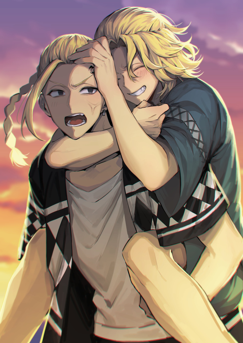 2boys ^_^ absurdres anger_vein black_eyes black_shirt blonde_hair blue_shirt blush braid braided_ponytail carrying closed_eyes cowboy_shot earrings empty_eyes frown grin headlock highres jewelry long_hair male_focus medium_hair multiple_boys nanin open_mouth outdoors piggyback ryuuguuji_ken sano_manjirou shirt short_sleeves single_braid single_earring smile standing tokyo_revengers twilight white_shirt