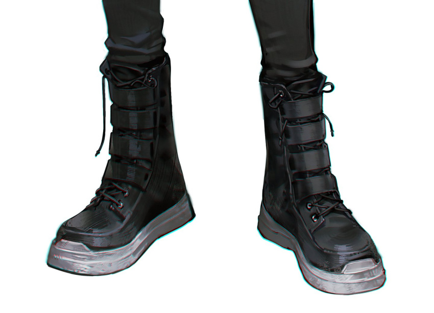 1other ambiguous_gender belt_boots black_footwear black_pants black_theme boots chromatic_aberration close-up commentary_request cross-laced_footwear feet foot_focus knee_boots lace-up_boots original out_of_frame pants quuni simple_background solo standing white_background