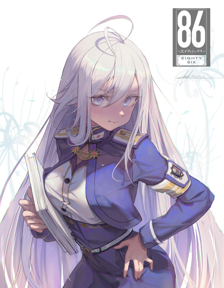 1girl 86_-eightysix- :t absurdres ahoge bingwei_huang book breasts closed_mouth copyright_name english_commentary grey_eyes hair_between_eyes hand_on_hip highres long_hair long_sleeves medium_breasts pout shirt silver_hair simple_background solo uniform very_long_hair vladilena_millize white_background white_shirt