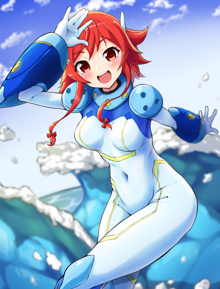 1girl absurdres akagi_rin angakoq blue_bodysuit blue_gloves bodysuit breasts clouds covered_navel gloves gyakuten_sekai_no_denchi_shoujo hair_ornament head_tilt highres looking_at_viewer medium_breasts open_hand open_hands red_eyes redhead short_hair_with_long_locks skin_tight sky smile solo star_(symbol) star_hair_ornament waving