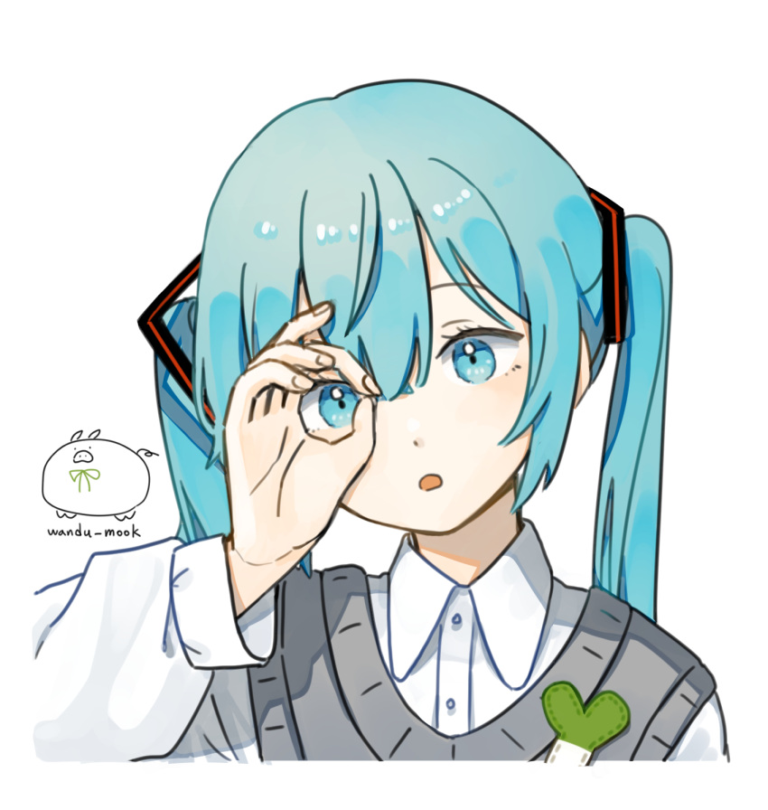 1girl artist_logo artist_name blue_eyes blue_hair collared_shirt commentary grey_vest hair_between_eyes hand_up hatsune_miku highres long_hair long_sleeves looking_at_viewer ok_sign ok_sign_over_eye open_mouth shirt simple_background solo spring_onion twintails upper_body vest vocaloid wandu_muk white_background white_shirt