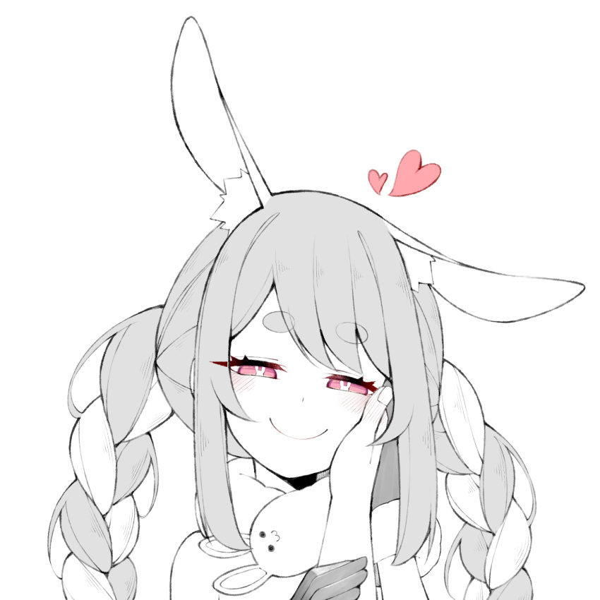 1girl animal_ears blush braid bunny-shaped_pupils commentary don-chan_(usada_pekora) english_commentary eyebrows_visible_through_hair greyscale half-closed_eyes hand_on_own_cheek hand_on_own_face highres hikimayu hololive looking_at_viewer monochrome multicolored_hair pov pov_hands rabbit_ears red_eyes simple_background smile solo_focus spot_color symbol-shaped_pupils twin_braids unexistarts usada_pekora virtual_youtuber white_background