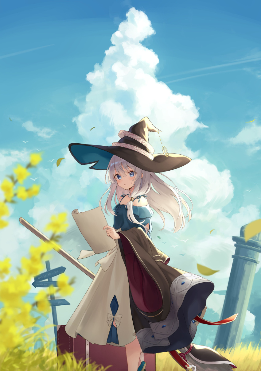 1girl absurdres azuuru bangs bare_shoulders black_headwear black_robe blue_eyes blue_sky blurry blurry_foreground blush bow broom clouds column cover_image day elaina_(majo_no_tabitabi) eyebrows_visible_through_hair hair_between_eyes hat hat_ornament hat_ribbon highres holding holding_broom holding_paper long_hair long_sleeves looking_at_viewer majo_no_tabitabi novel_illustration off_shoulder official_art outdoors paper parted_lips pillar ribbon road_sign robe second-party_source sign silver_hair sky solo standing suitcase sweat textless wind witch_hat