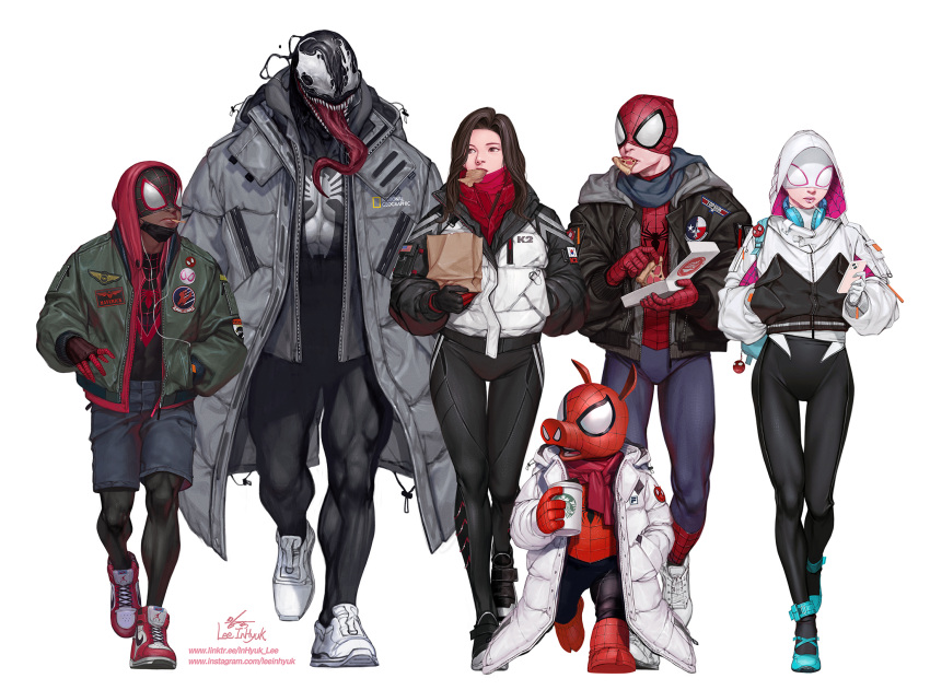 2girls 4boys adapted_costume backpack bag black_hair bodysuit bodysuit_under_clothes candy cindy_moon commentary cup disposable_cup eating english_commentary food full_body gwen_stacy hands_in_pocket headphones headphones_around_neck highres hood hoodie in-hyuk_lee jacket lollipop long_tongue marvel mask miles_morales monster_boy mouth_mask multiple_boys multiple_girls paper_bag peter_parker pizza_box pizza_slice scarf sharp_teeth shoes silk_(marvel) simple_background sneakers snout spider-gwen spider-ham spider-man spider-man_(miles_morales) spider-man_(series) symbiote teeth thigh_gap tongue venom_(marvel) walking white_background