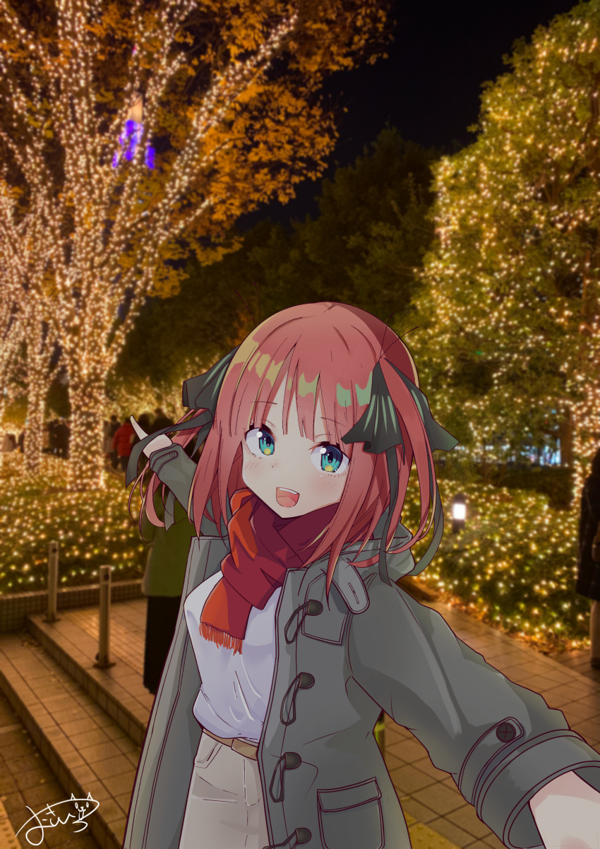 1girl :d absurdres bangs beige_skirt belt black_ribbon blue_eyes blunt_bangs blush breasts butterfly_hair_ornament christmas coat go-toubun_no_hanayome grey_coat hair_ornament highres large_breasts looking_at_viewer nakano_nino okihiro photo_background pink_hair pointing pointing_forward red_scarf ribbon scarf shirt smile twintails white_shirt