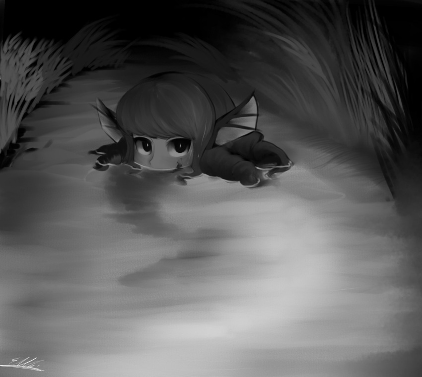 1girl drill_locks face greyscale head_fins highres kelbhin looking_at_viewer mermaid misty_lake monochrome monster_girl partially_submerged touhou wakasagihime water