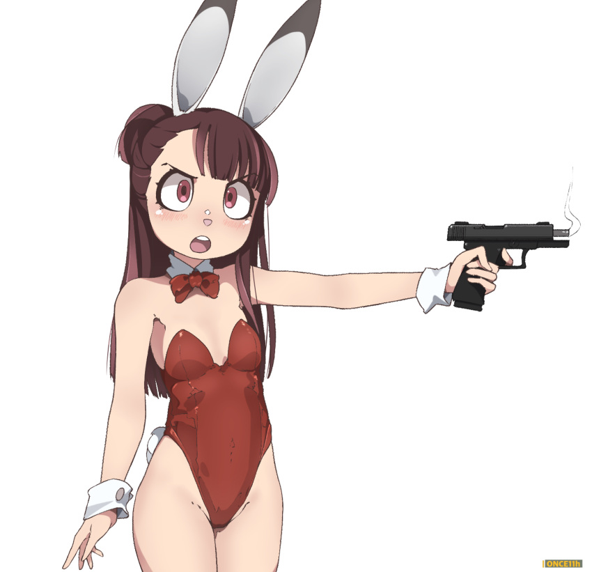 angry animal_ears bangs bare_shoulders bow bowtie brown_hair detached_collar gun hair_bun highres holding holding_gun holding_weapon kagari_atsuko leotard little_witch_academia long_hair looking_at_viewer once_11h open_clothes open_mouth playboy_bunny rabbit_ears red_bow red_eyes red_suit simple_background standing strapless strapless_leotard teeth upper_body upper_teeth weapon white_background wrist_cuffs