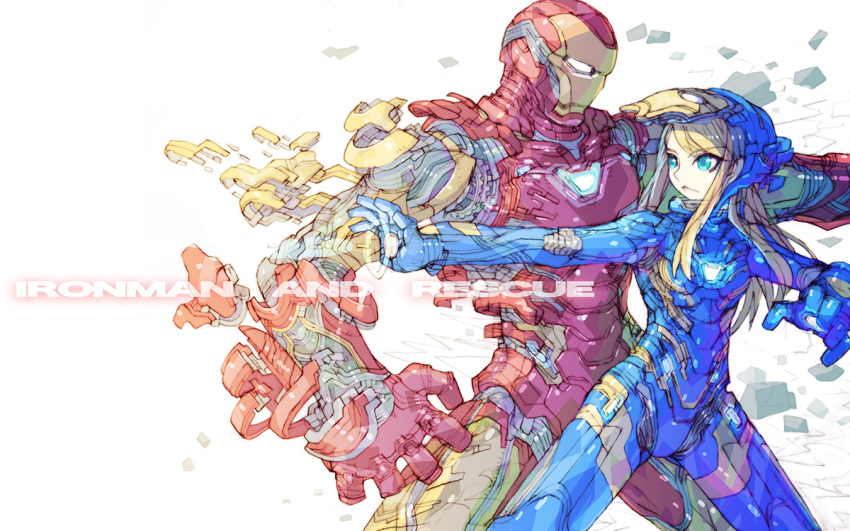 animification arc_reactor avengers:_endgame avengers_(series) blonde_hair blue_eyes character_name eyebrows_visible_through_hair helmet iron_man long_hair looking_ahead marvel marvel_cinematic_universe nakayama_tooru open_hand open_hands pepper_potts power_armor rescue_(iron_man) science_fiction white_eyes