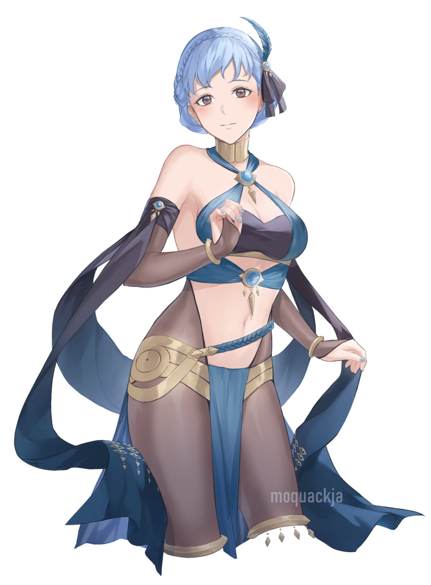 1girl absurdres artist_name bandeau bare_shoulders black_ribbon blue_hair blue_nails blush bracelet breasts bridal_gauntlets brooch brown_eyes commentary commission cosplay cowboy_shot criss-cross_halter dorothea_arnault dorothea_arnault_(cosplay) feather_hair_ornament feathers fire_emblem fire_emblem:_three_houses fire_emblem_heroes hair_ornament hair_ribbon halterneck highres jewelry looking_at_viewer marianne_von_edmund medium_breasts midriff moja_(moquackja) nail_polish navel pantyhose pelvic_curtain ribbon short_hair simple_background smile solo standing stomach thighlet thighs white_background