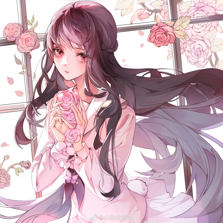 1girl brown_hair douluo_dalu dress flower highres holding holding_flower long_hair pink_dress pink_eyes pink_flower rabbit_tail skirt tail weibo_id weibo_logo xiao_wu_(douluo_dalu)