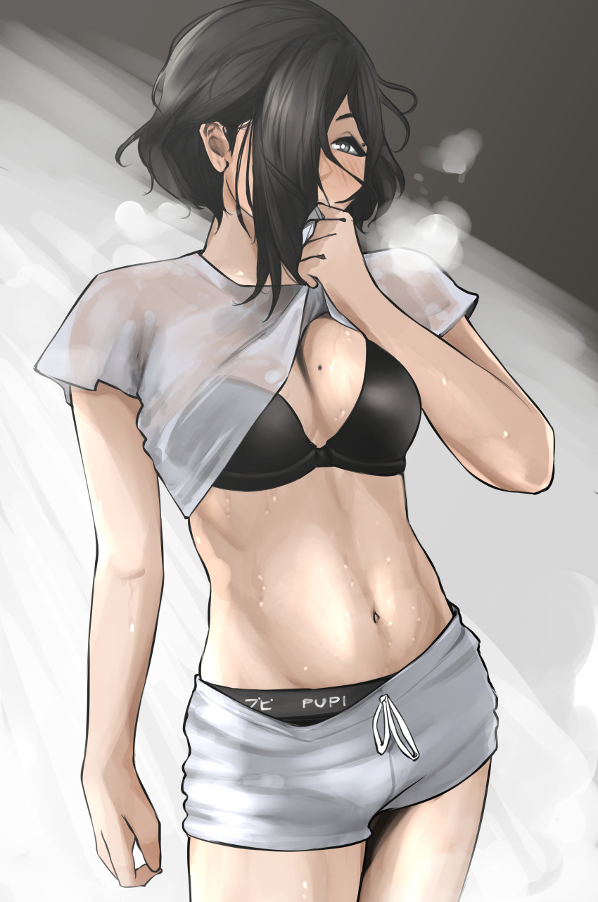 1girl absurdres black_bra black_hair black_panties blush bra breasts clothes_lift commentary_request cowboy_shot grey_eyes hair_over_one_eye highres lifted_by_self long_bangs medium_breasts midriff mole mole_on_breast navel original panties rain_prophet shirt_lift short_hair short_shorts short_sleeves shorts standing steaming_body sweat underwear white_shorts wiping_sweat