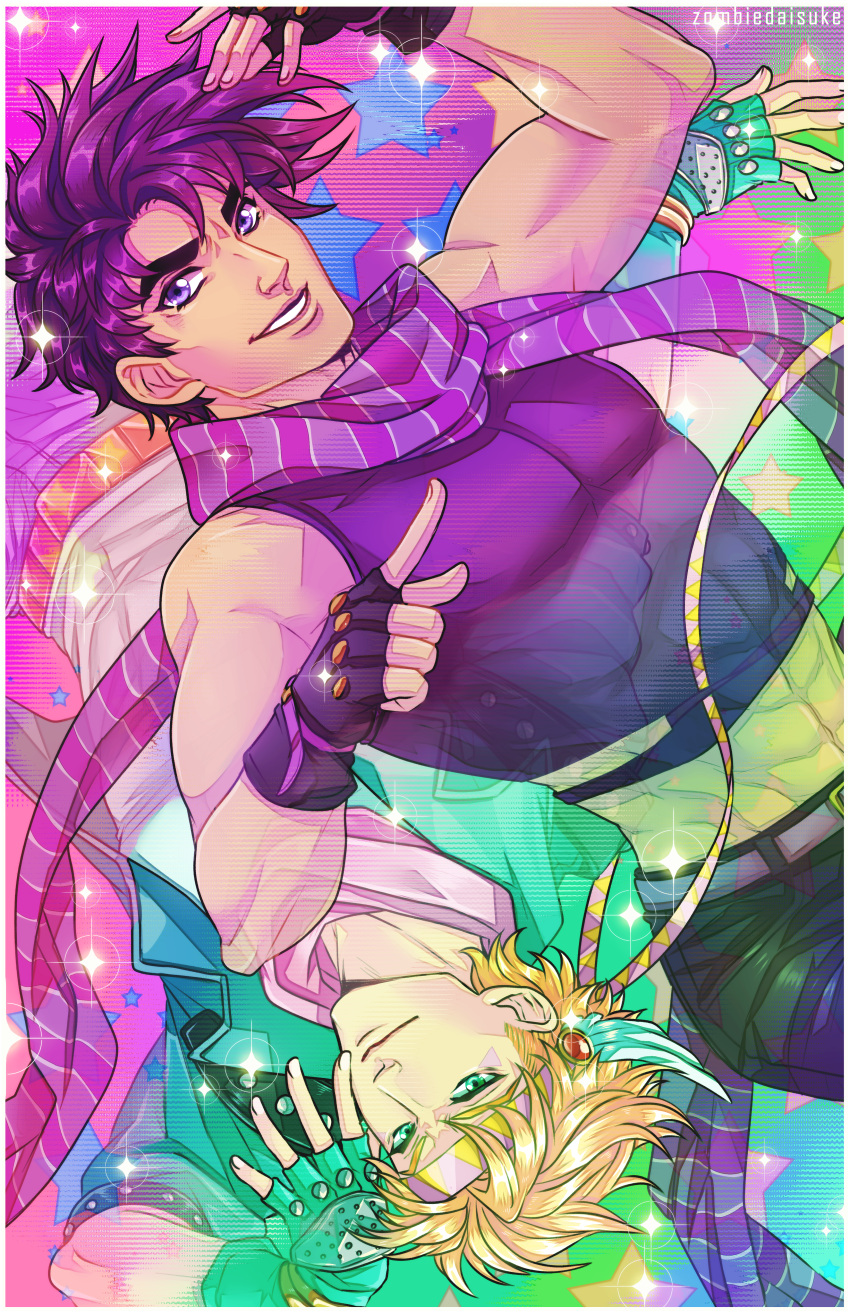 2boys abs absurdres artist_name blonde_hair border caesar_anthonio_zeppeli crop_top facial_mark fingerless_gloves gloves green_eyes headband highres jojo_no_kimyou_na_bouken joseph_joestar joseph_joestar_(young) midriff multiple_boys muscular pointing purple_hair rotational_symmetry scarf smile sparkle star_(symbol) starry_background striped striped_scarf tank_top violet_eyes white_border winged_hair_ornament zombiedaisuke