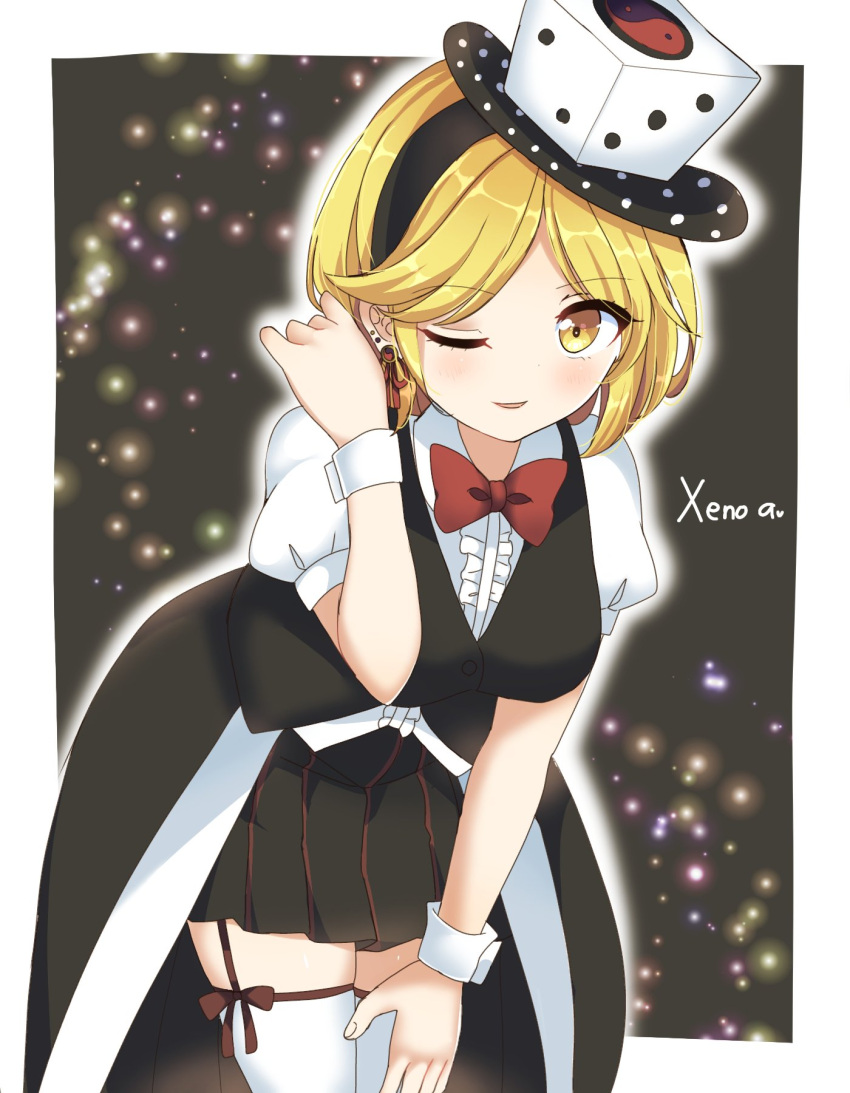 black_skirt black_vest blonde_hair blush bow bowtie breasts dice_hair_ornament earrings eyebrows_visible_through_hair eyelashes hair_ornament hand_on_leg highres jewelry leaning_forward len'en looking_at_viewer medium_breasts one_eye_closed ougi_hina pleated_skirt puffy_short_sleeves puffy_sleeves red_bow red_bowtie red_neckwear red_ribbon ribbon shirt short_hair short_sleeves skirt standing thigh-highs vest white_legwear white_shirt wrist_cuffs xeno_a yellow_eyes zettai_ryouiki