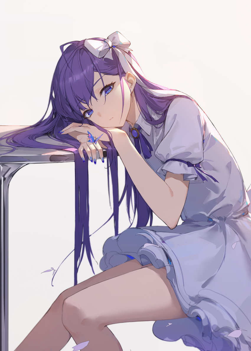1girl absurdres bangs blue_nails bow bug butterfly closed_mouth dress eyebrows_visible_through_hair fate/grand_order fate_(series) hair_bow highres lance_(lancelliu) long_hair looking_at_viewer meltryllis_(fate) nail_polish purple_dress purple_hair short_sleeves simple_background sitting solo thighs white_bow