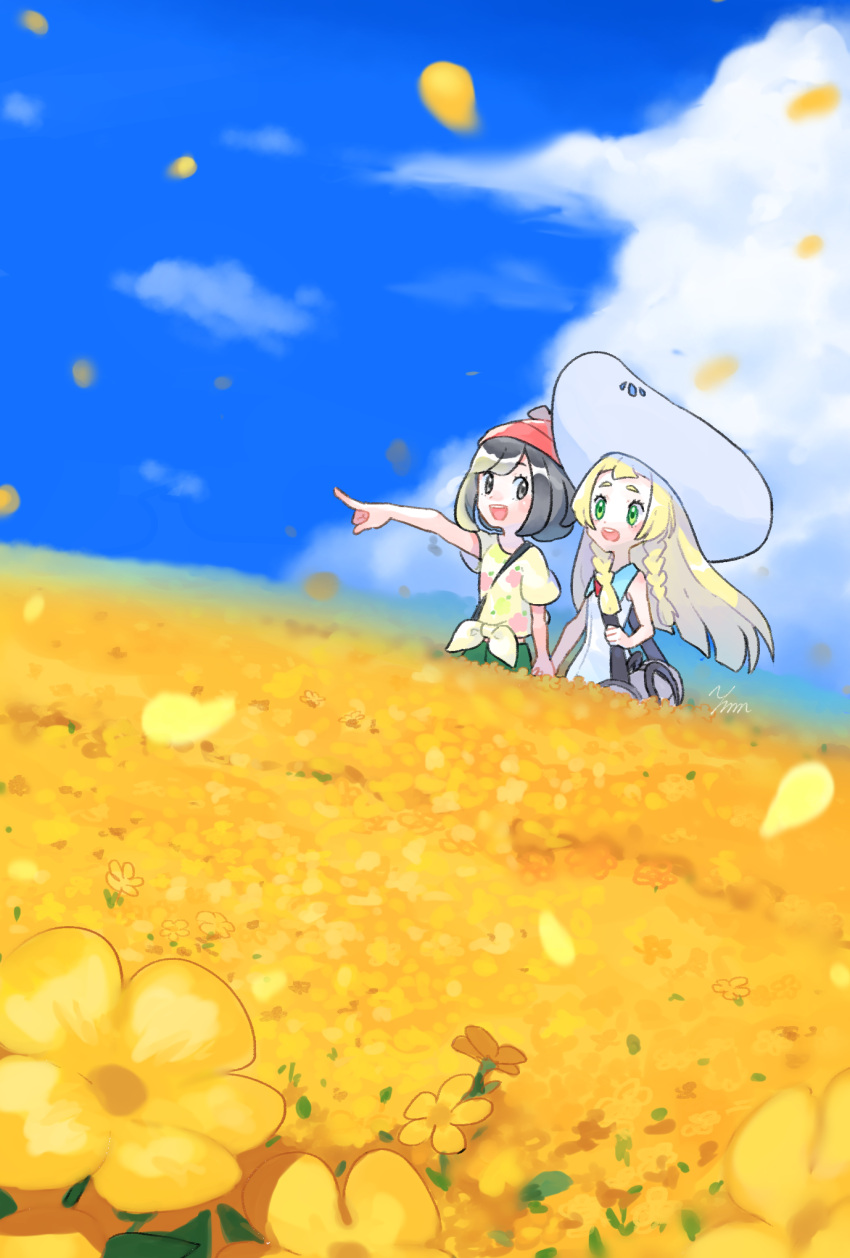 2girls :d aki_yamane bag bangs beanie blonde_hair blunt_bangs blush braid clouds collared_dress commentary_request day dress duffel_bag eyelashes field floral_print flower flower_field green_eyes green_shorts happy hat highres holding_hands lillie_(pokemon) long_hair multiple_girls open_mouth outdoors outstretched_arm pointing pokemon pokemon_(game) pokemon_sm red_headwear selene_(pokemon) shirt short_sleeves shorts sky sleeveless sleeveless_dress smile standing sun_hat sundress t-shirt teeth tied_shirt tongue twin_braids upper_teeth white_dress white_headwear yellow_flower