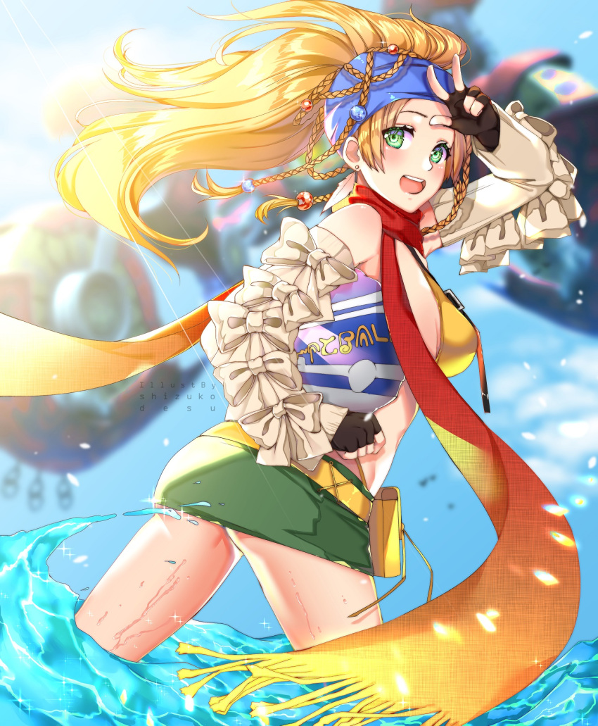 1girl ball bikini blonde_hair blue_headband braid breasts earrings final_fantasy final_fantasy_x final_fantasy_x-2 fingerless_gloves gloves green_eyes hair_ornament headband highres jewelry long_hair looking_at_viewer open_mouth rikku scarf shizukodesu skirt smile solo swimsuit