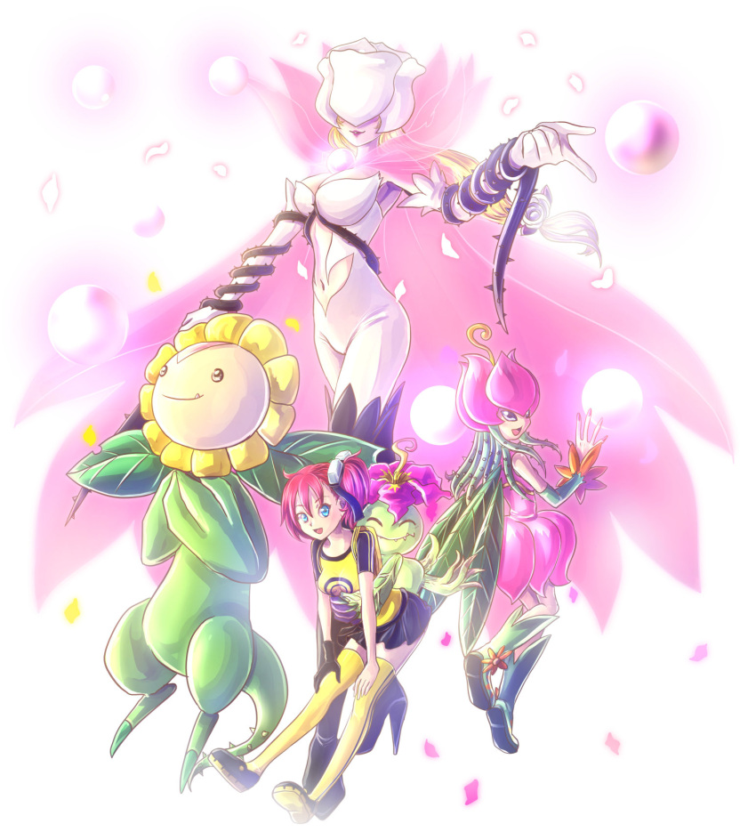 3girls :d ^_^ aiba_ami black_footwear black_gloves black_skirt blonde_hair blue_eyes boots breasts brooch bubble cape center_opening closed_eyes closed_mouth clothing_cutout commentary covered_eyes detached_sleeves digimon digimon_(creature) digimon_story:_cyber_sleuth dress evolutionary_line falling_petals fang fang_out fangs fangs_out flower full_body gloves goggles goggles_on_head green_footwear green_sleeves hair_between_eyes hair_flower hair_ornament happy high_heel_boots high_heels highres hug hug_from_behind jewelry konna-nani large_breasts leaf leaf_wings lillymon lipstick long_hair looking_at_viewer makeup medium_breasts miniskirt monster_girl multiple_girls navel navel_cutout open_mouth palmon parted_lips petals pink_cape pink_dress plant_girl print_shirt raglan_sleeves redhead rose rosemon rosemon_burst_mode shirt shoes short_sleeves side_ponytail single_glove skirt smile sunflowmon thigh-highs thigh_boots thorns whip white_background white_flower white_gloves white_rose wings yellow_footwear yellow_shirt
