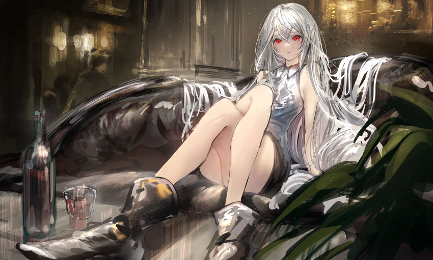 1girl absurdres arknights ascot bare_shoulders black_shorts boots bottle breasts brown_footwear clothing_cutout crossed_legs cup drinking_glass feet_on_table hair_between_eyes highres indoors long_hair looking_at_viewer low-tied_long_hair medium_breasts nanaponi parted_lips red_eyes shirt shorts silver_hair sitting skadi_(arknights) sleeveless sleeveless_shirt solo very_long_hair white_ascot white_shirt wine_bottle wine_glass