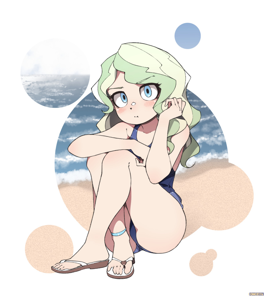 1girl beach blue_eyes blue_swimsuit closed_mouth crossed_legs diana_cavendish hand_up head_tilt highres little_witch_academia long_hair looking_at_viewer on_ground once_11h outdoors sandals school_swimsuit sitting solo swimsuit white_background white_hair