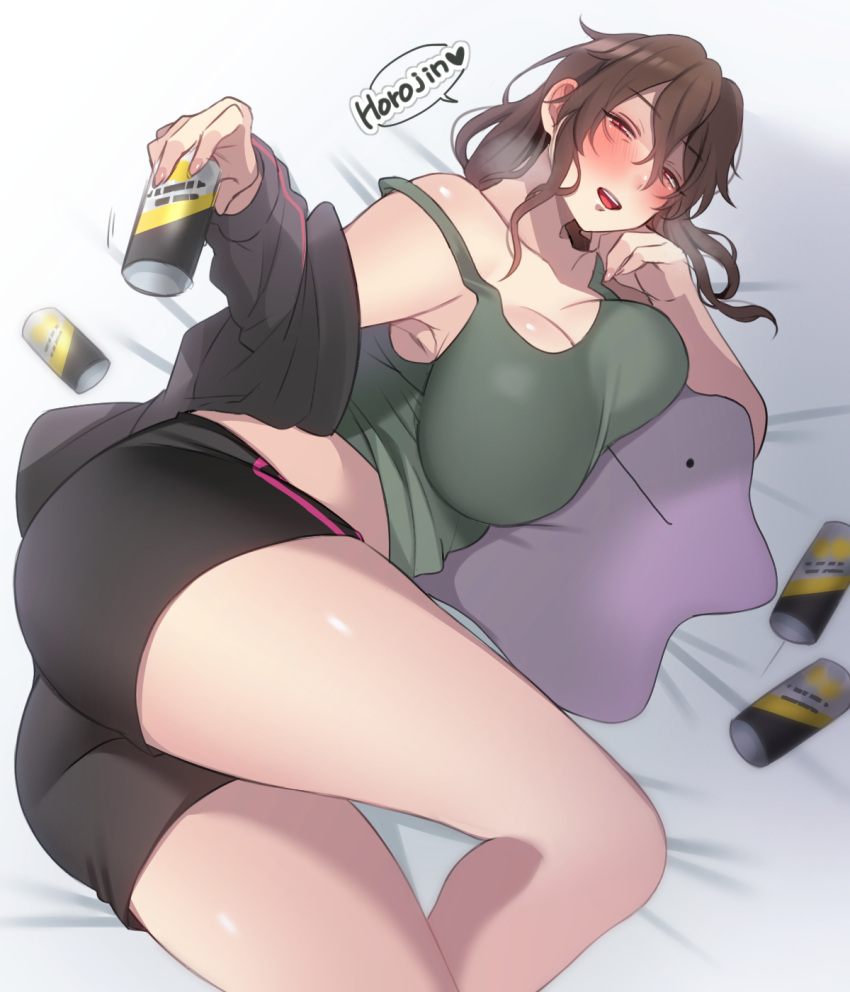 1girl alcohol ass beer beer_can bike_shorts blush breasts brown_hair can ditto eryu_kamemura green_tank_top highres imasaka_hakuno indie_virtual_youtuber large_breasts pokemon red_eyes solo tank_top thighs virtual_youtuber