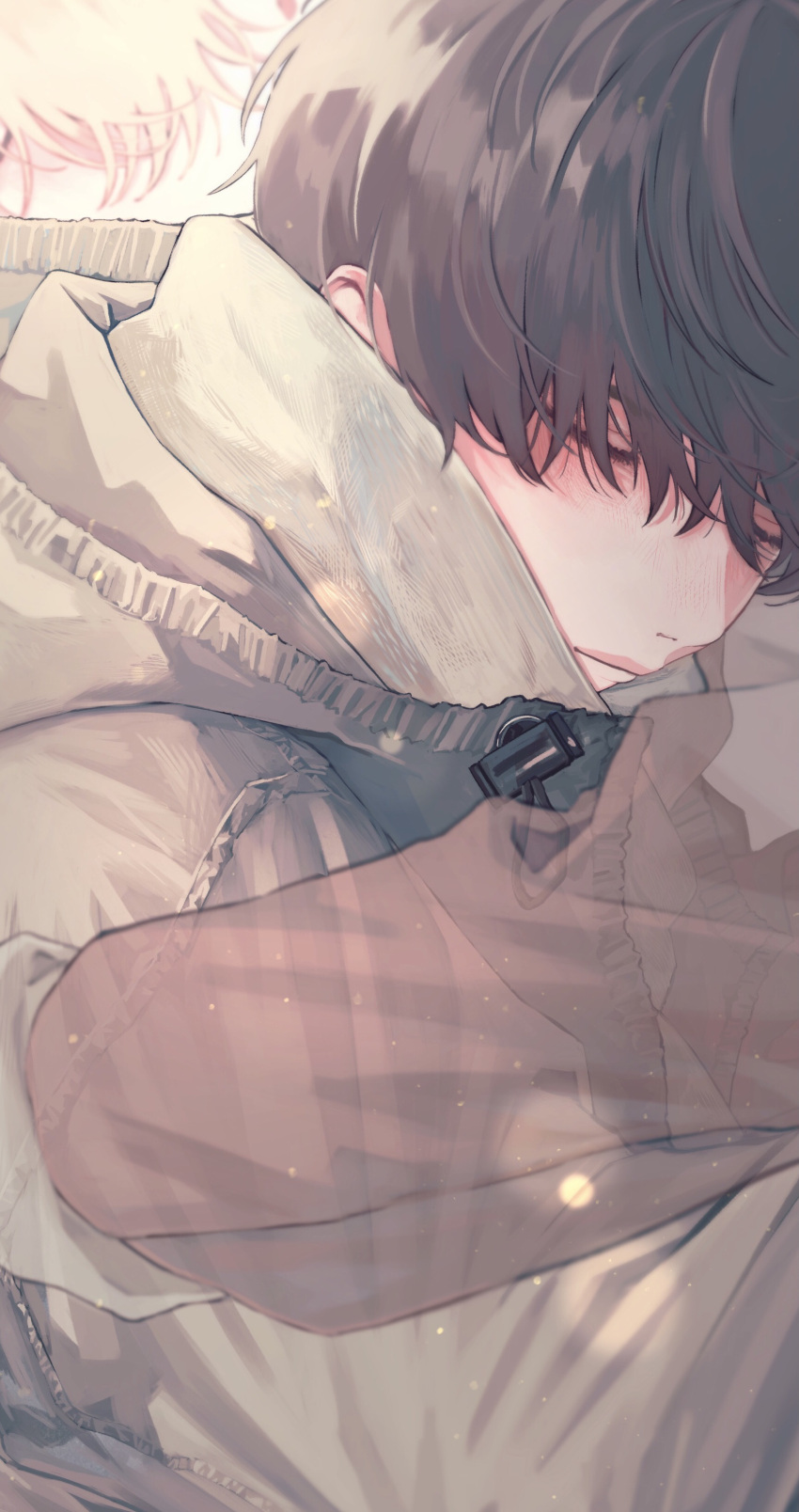 2boys 510_gotoudayo absurdres bangs black_hair blonde_hair blurry close-up closed_eyes closed_mouth coat comforting depth_of_field drawstring from_side ghost hair_over_eyes highres hug long_sleeves male_focus multiple_boys original see-through short_hair solo_focus symbol-only_commentary