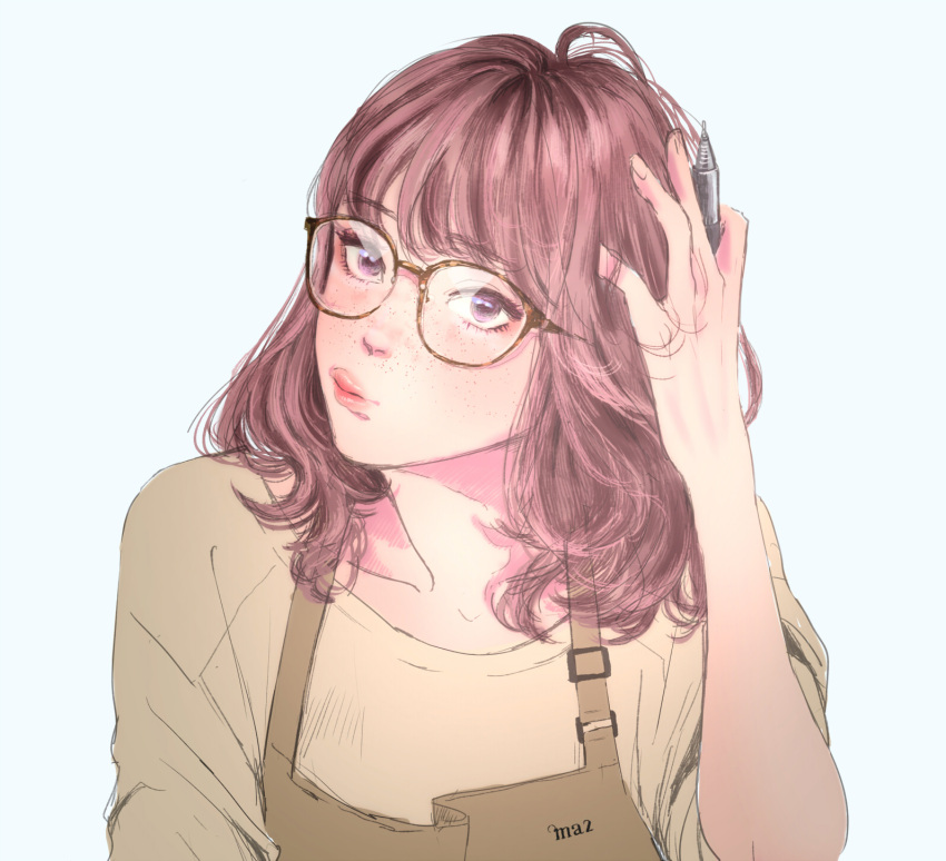 1girl apron brown_hair eyelashes freckles glasses hand_in_hair head_tilt highres holding holding_pen lips looking_at_viewer ma2 medium_hair original pen pink_eyes pouty_lips shirt solo white_background