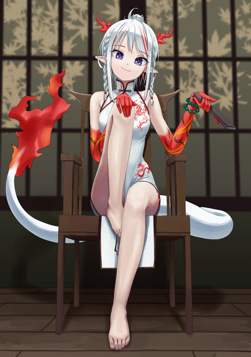 1girl absurdres alohayuja arknights bare_legs barefoot bead_bracelet beads bracelet braid breasts chair china_dress chinese_clothes closed_mouth colored_skin commentary dragon_girl dragon_horns dragon_print dragon_tail dress english_commentary eyebrows_visible_through_hair folding_fan full_body hand_fan highres holding holding_fan horns jewelry knee_up looking_at_viewer medium_breasts medium_hair multicolored_hair multicolored_skin nian_(arknights) pelvic_curtain pointy_ears ponytail red_skin redhead sidelocks silver_hair sitting sleeveless sleeveless_dress smile solo streaked_hair tail thighs twin_braids two-tone_hair violet_eyes white_dress wooden_floor