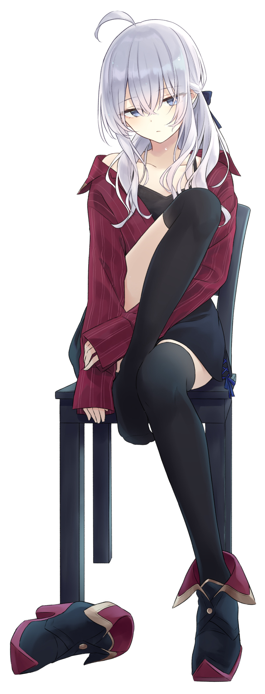 1girl absurdres ahoge ankle_boots azuuru bangs black_dress black_legwear blue_eyes boots bow chair closed_mouth collarbone dress elaina_(majo_no_tabitabi) eyebrows_visible_through_hair full_body hair_between_eyes hair_bow highres jacket knee_up long_hair long_sleeves looking_at_viewer majo_no_tabitabi novel_illustration official_art on_chair open_clothes over-kneehighs red_jacket shiny shiny_hair shoes shoes_removed short_dress sidelocks silver_hair single_boot single_shoe sitting sleeves_past_wrists solo spaghetti_strap striped thigh-highs thighs vertical_stripes zettai_ryouiki
