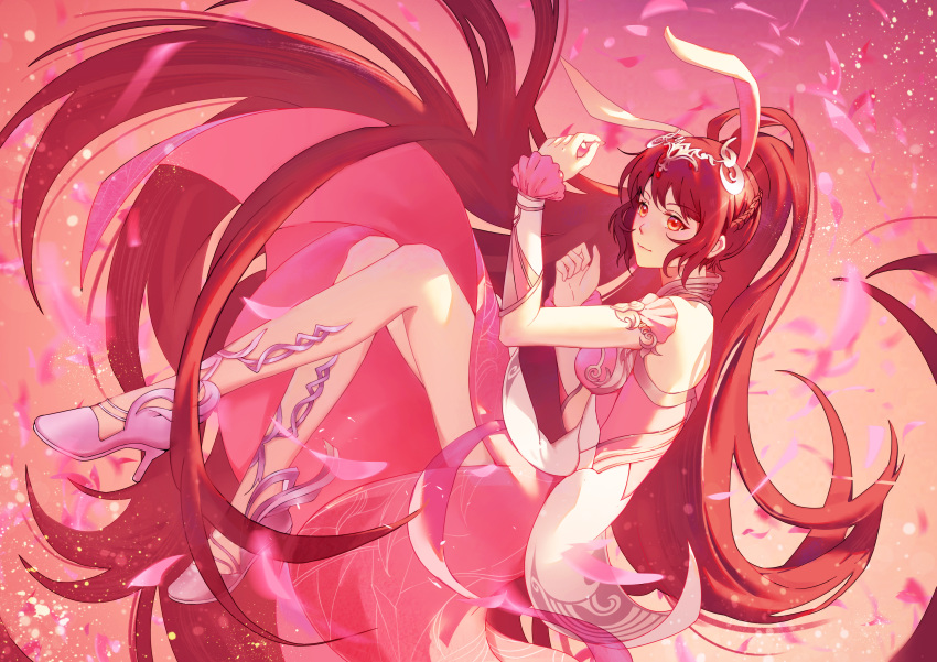 1girl absurdres animal_ears douluo_dalu hair_ornament high_heels highres legs ponytail rabbit_ears sky sparkle spinning weibo_id xiao_wu_(douluo_dalu)