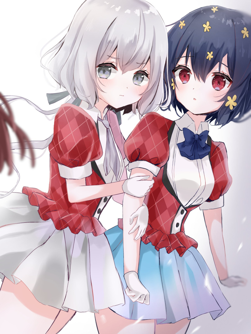 2girls alicia_(alicia_lolita_) bangs black_hair blue_bow blue_bowtie blue_skirt blush bow bowtie eyebrows_visible_through_hair flower gloves grey_necktie grey_skirt hair_flower hair_ornament highres holding_another's_arm idol_clothes jacket jealous konno_junko long_hair looking_to_the_side mizuno_ai multiple_girls necktie open_mouth puffy_sleeves red_jacket short_hair silver_hair skirt white_gloves yellow_flower yuri zombie_land_saga