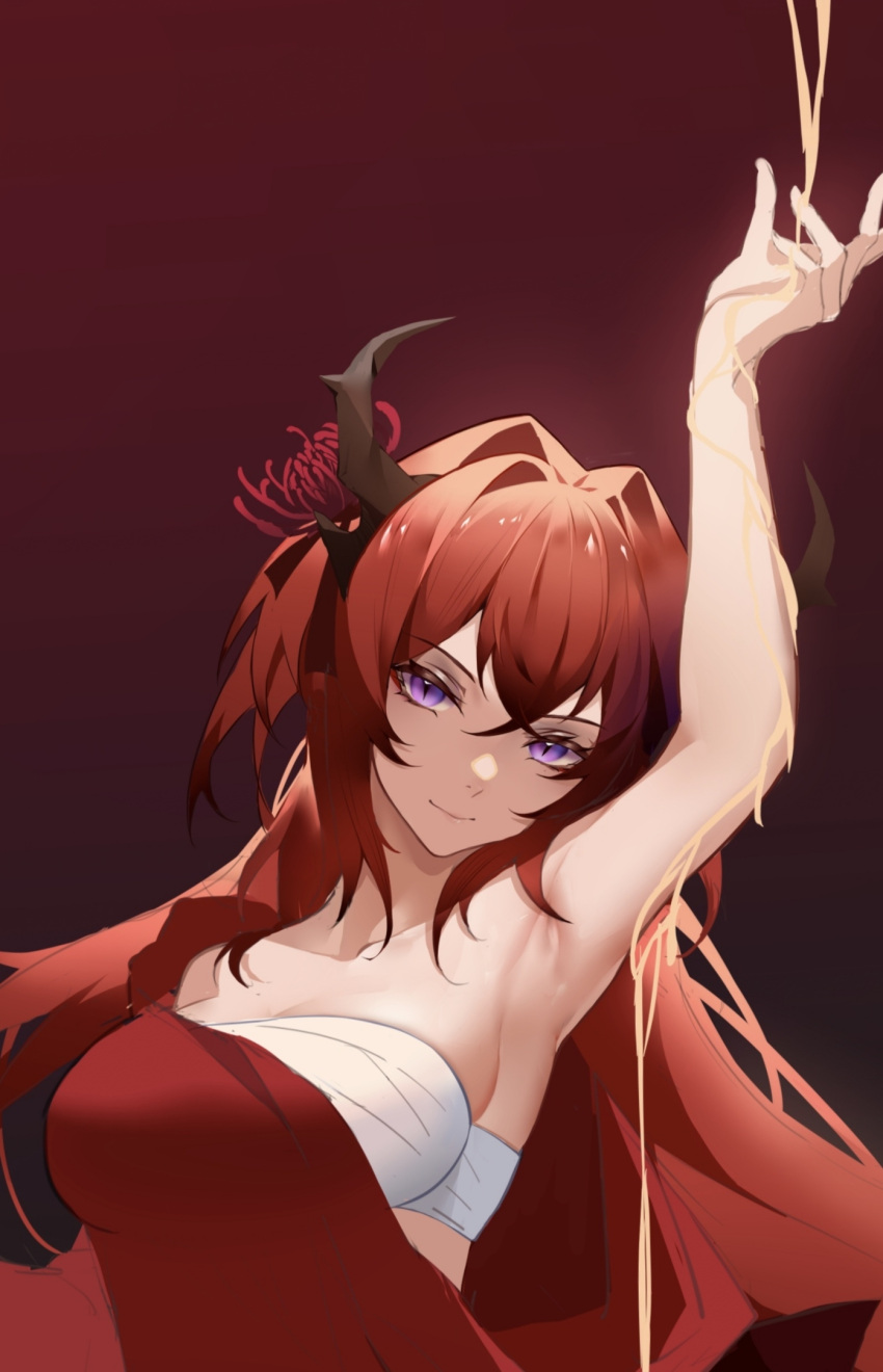 1girl arknights arm_up armpits bandages bangs bare_shoulders breasts closed_mouth eyebrows_visible_through_hair flower gradient gradient_background hair_flower hair_intakes hair_ornament highres horns large_breasts lic_628 liquid long_hair looking_at_viewer off_shoulder open_clothes red_background red_flower redhead sarashi smile solo spider_lily surtr_(arknights)