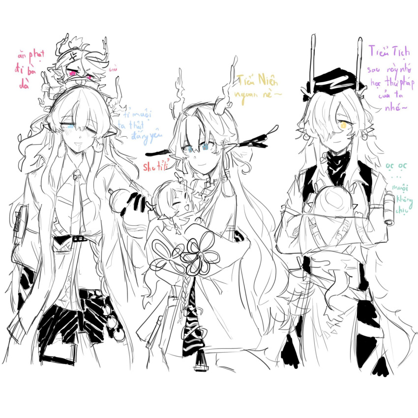 baby bandeau bead_bracelet beads bracelet calligraphy coat dragon_bubble_(arknights) dragon_girl dragon_horns dragon_tail drunk dusk_(arknights) earrings eastern_dragon_tail fiery_tail flame-tipped_tail highres holding horns jewelry jie_(arknights) ling_(arknights) multicolored_hair multiple_girls nian_(arknights) non-web_source open_clothes open_coat pants pointy_ears shirt shu_(arknights) siblings strapless strapless_shirt streaked_hair tail tassel tassel_earrings tube_top white_coat white_pants white_tube_top