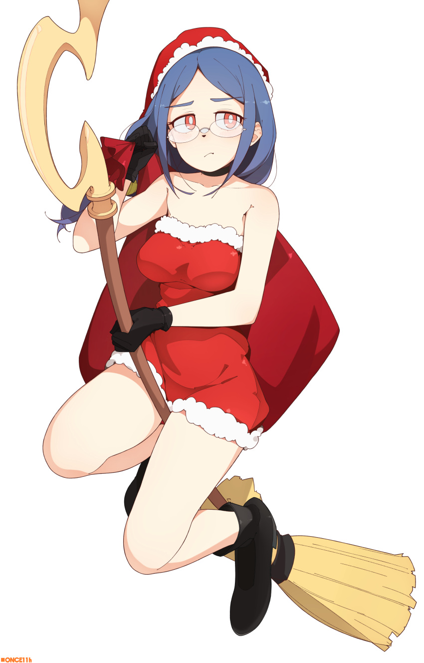 1girl absurdres bare_shoulders black_footwear black_gloves blue_hair breasts broom broom_riding closed_mouth frown glasses gloves hat highres holding holding_wand little_witch_academia looking_away looking_to_the_side medium_breasts medium_hair once_11h red_bag red_eyes santa_dress santa_hat simple_background solo ursula_charistes wand white_background