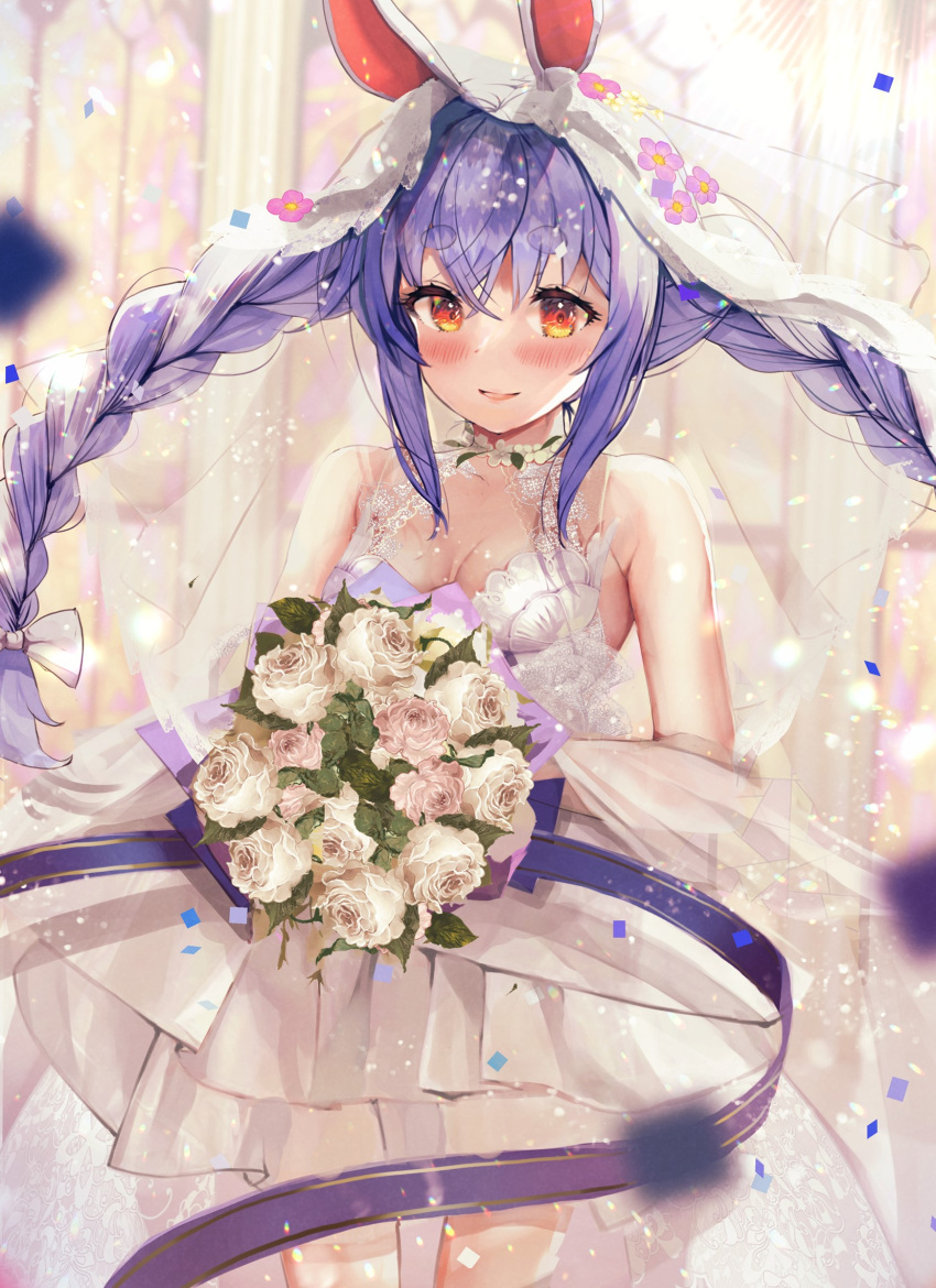 1girl animal_ears bangs blue_hair blush bouquet braid breasts commentary_request cowboy_shot dress eyebrows_visible_through_hair floating_hair flower hair_between_eyes haruhina_purple highres holding holding_bouquet hololive long_hair parted_lips rabbit_ears red_eyes rose short_eyebrows sleeveless sleeveless_dress small_breasts smile solo standing thick_eyebrows twin_braids twintails usada_pekora veil virtual_youtuber wedding_dress white_dress white_flower white_rose
