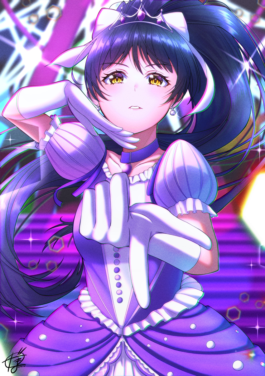 1girl absurdres bangs birthday black_hair breasts bright09 collarbone commentary dress earrings gloves hair_ribbon hazuki_ren high_ponytail highres jewelry long_hair looking_at_viewer love_live! love_live!_superstar!! nonfiction!!_(love_live!) ponytail ribbon signature small_breasts solo stairs tiara violet_eyes white_gloves yellow_eyes