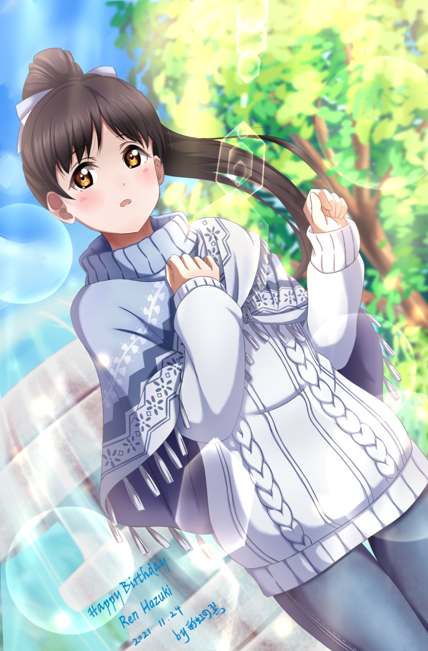 1girl artist_name bangs birthday black_hair character_name clouds cloudy_sky dated day english_text eyebrows_visible_through_hair fountain happy_birthday hazuki_ren high_ponytail highres long_hair love_live! love_live!_superstar!! pants ponytail sky solo sweater tree xiaoxin041590 yellow_eyes