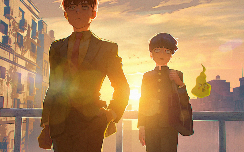 2boys backlighting bag black_hair black_jacket blonde_hair bowl_cut building buttons city clouds collared_shirt commentary_request dusk ekubo_(mob_psycho_100) formal ghost grey_jacket grey_shirt hand_in_pocket highres jacket kageyama_shigeo male_focus meipu_hm mob_psycho_100 multiple_boys necktie outdoors railing red_necktie reigen_arataka school_bag school_uniform shirt sky suit sun