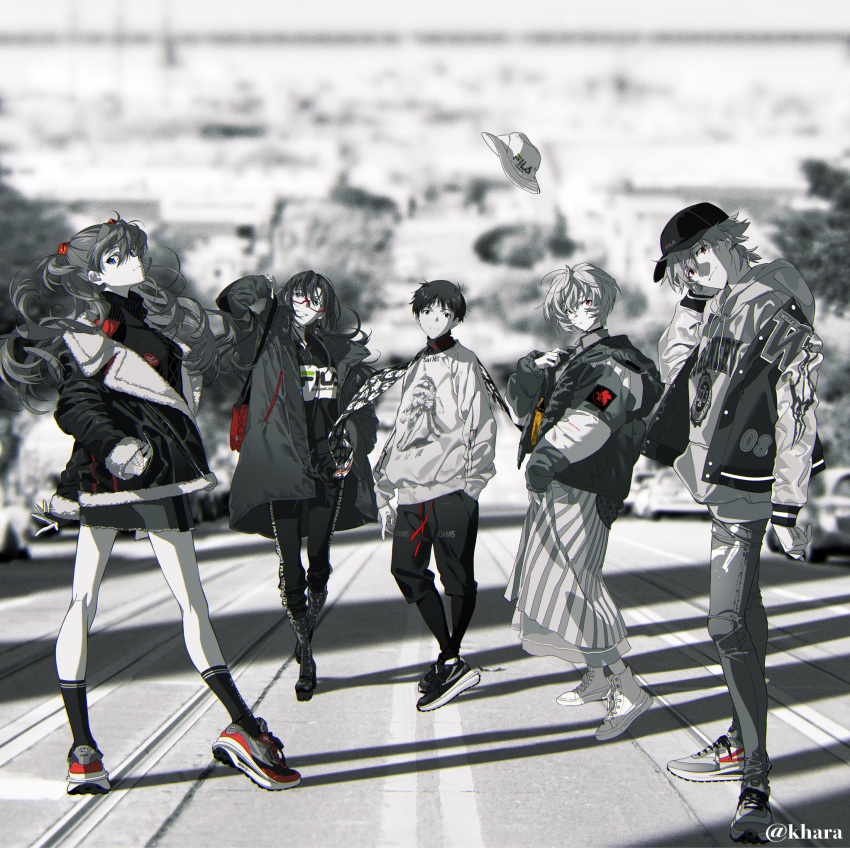 2boys 3girls arm_at_side arm_behind_head arm_up ayanami_rei bag bangs baseball_cap blurry blurry_background boots clothes_writing coat contrapposto cross-laced_footwear day denim denim_shorts drawstring english_commentary floating_hair fur-trimmed_jacket fur-trimmed_sleeves fur_trim greyscale grin hair_between_eyes hair_ornament hat hat_loss highres hood hood_down hooded_jacket hoodie ikari_shinji jacket knee_boots kneehighs lace-up_boots legs_apart legwear_under_shorts long_hair long_skirt long_sleeves looking_at_viewer looking_back makinami_mari_illustrious miniskirt monochrome multiple_boys multiple_girls nagisa_kaworu neon_genesis_evangelion off_shoulder open_clothes open_coat pants pantyhose platform_footwear red_eyes scarf scarf_removed shadow shoes short_hair shorts shoulder_bag skirt smile sneakers souryuu_asuka_langley spot_color standing strap_lift striped striped_skirt sweater tiptoes turtleneck two_side_up wind yoneyama_mai